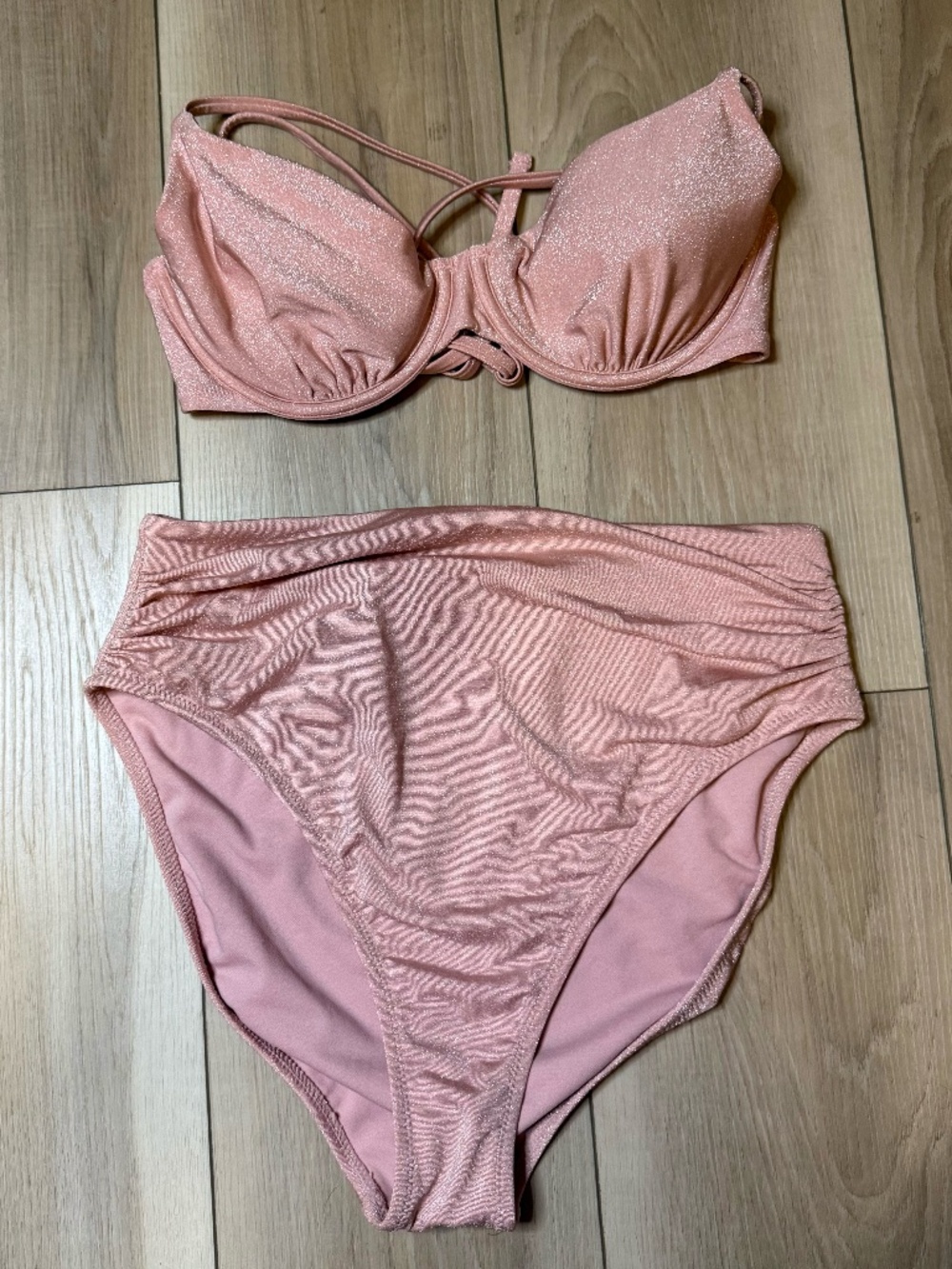 Shade & Shore Sparkly Blush Pink Bikini Set High Waisted Size Medium